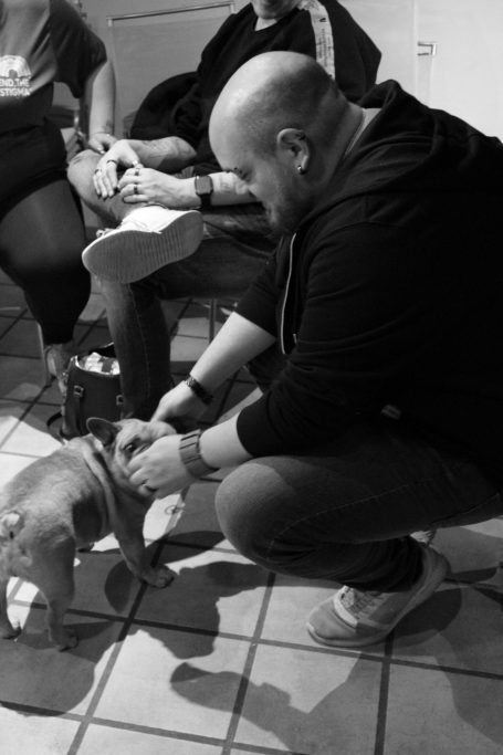 Mann kniet sich zu einem Hund in einer Wohnsituation, um ihn zu streicheln.